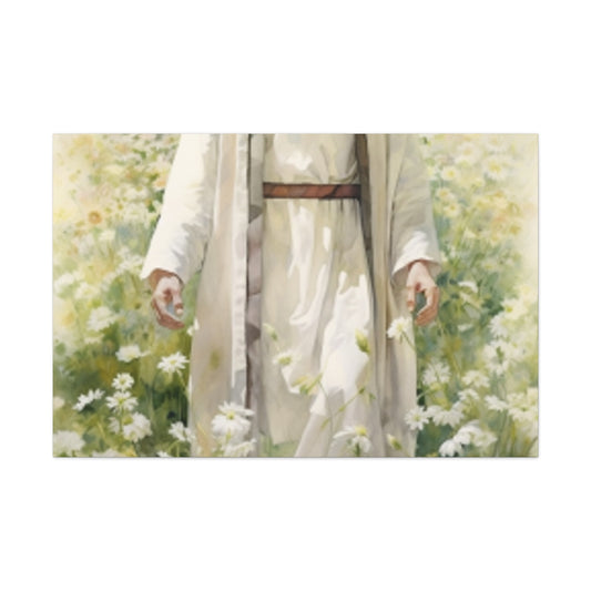 Heavenly Light Shining On Jesus Standing In A Field Of White Flowers - Large Wall Art