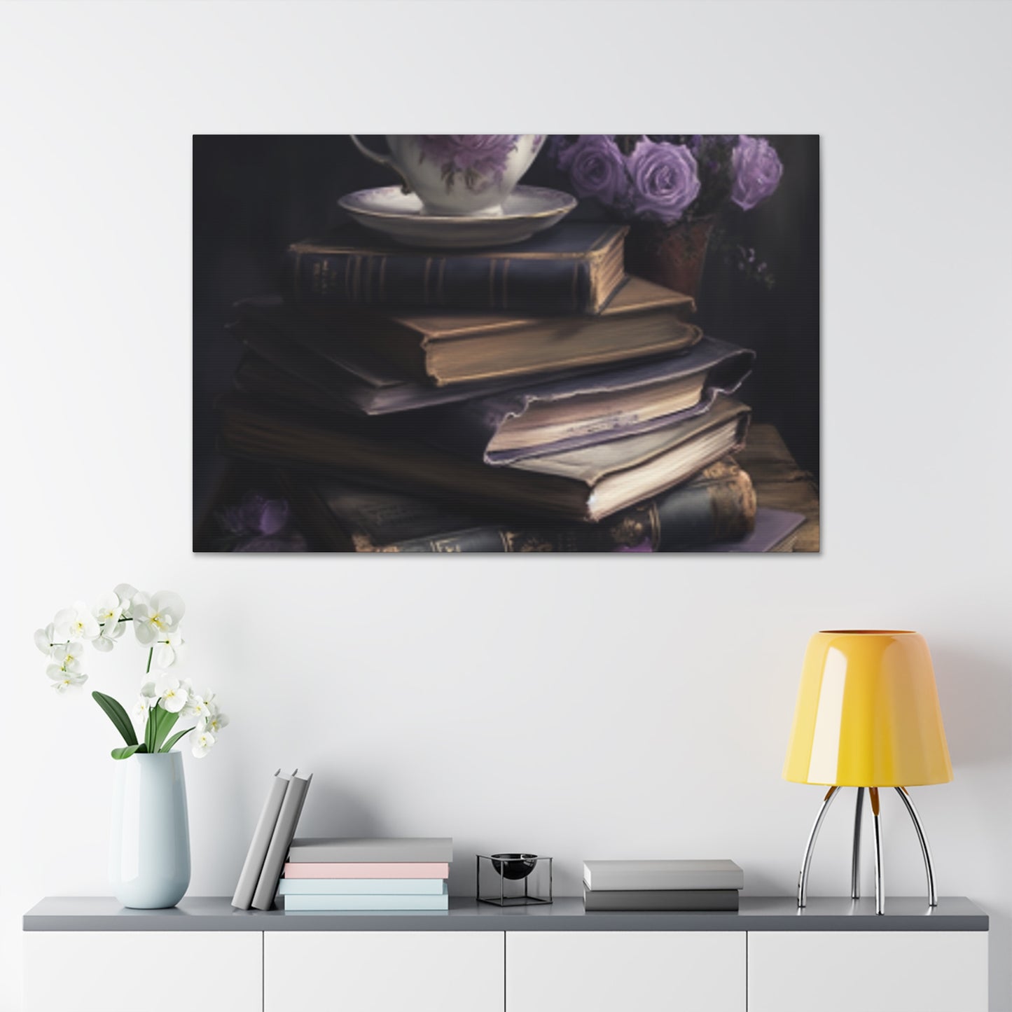 Purple Roses, Teapot And Books - Large Wall Art
