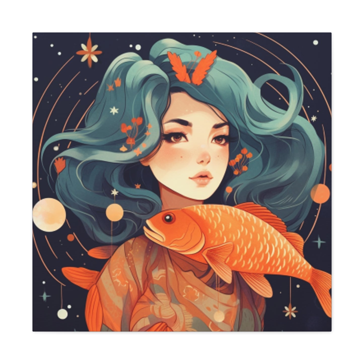 Lofi Style Girl And Her Fish, Pisces - Large Wall Art