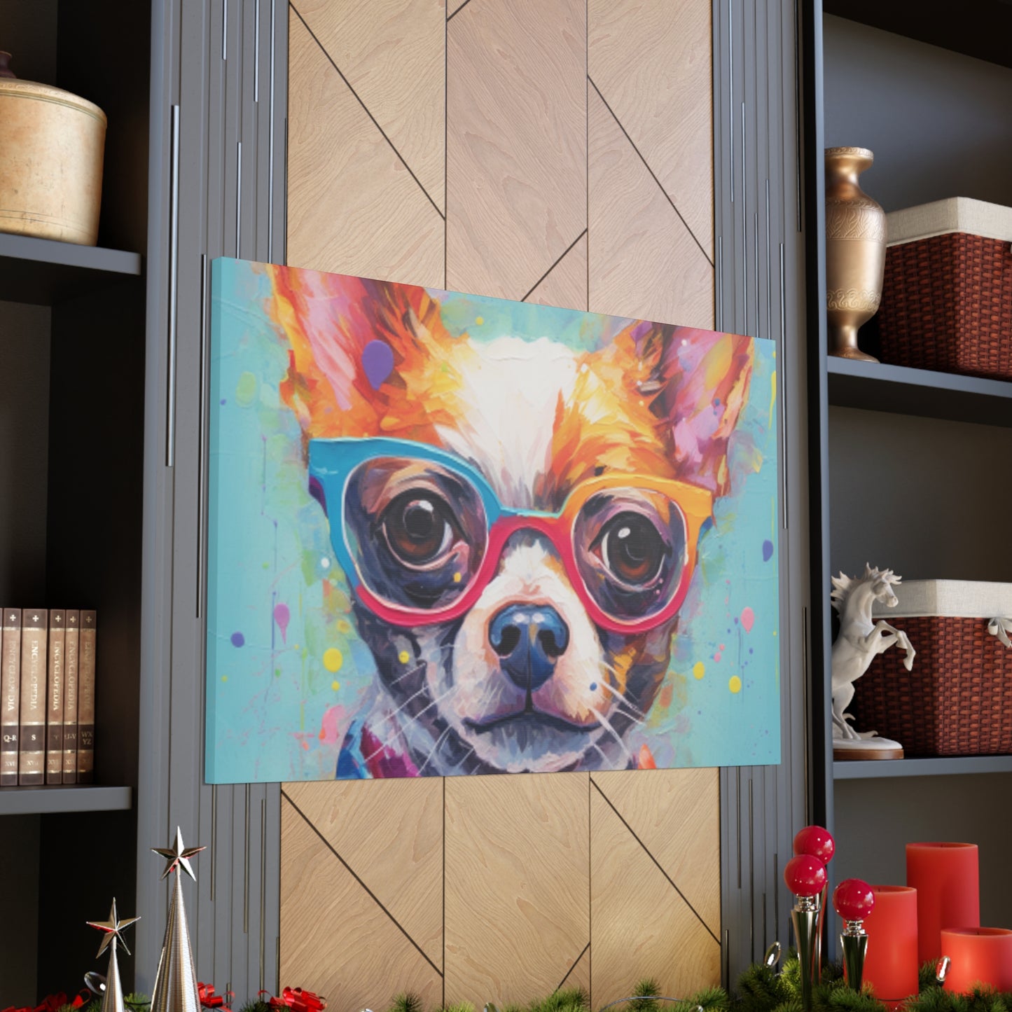 Sweet Chihuahua In Multi Colored Glasses, Paint Drops- Large Wall Art