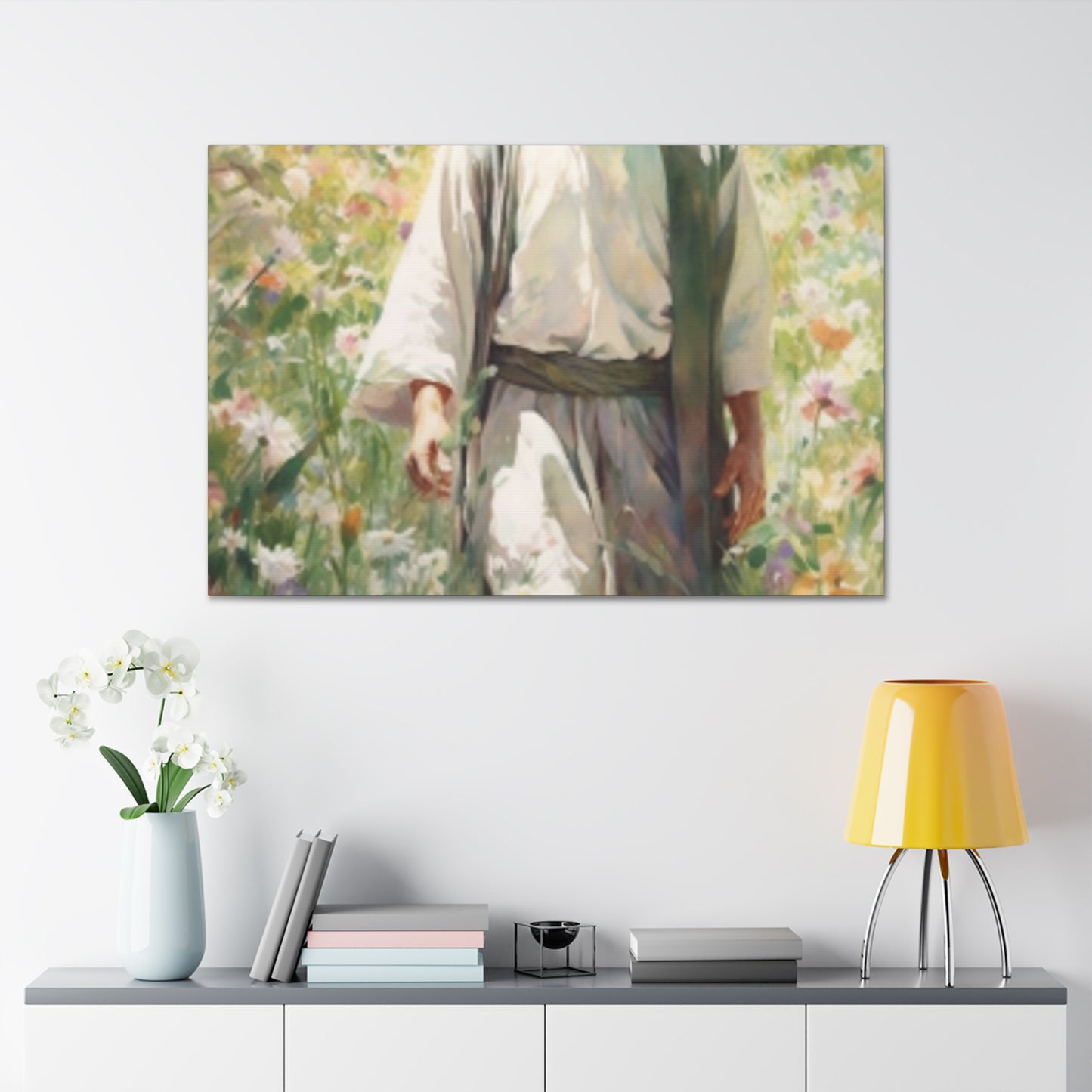 Jesus Admiring God's Beautiful Flowers  - Large Wall Art