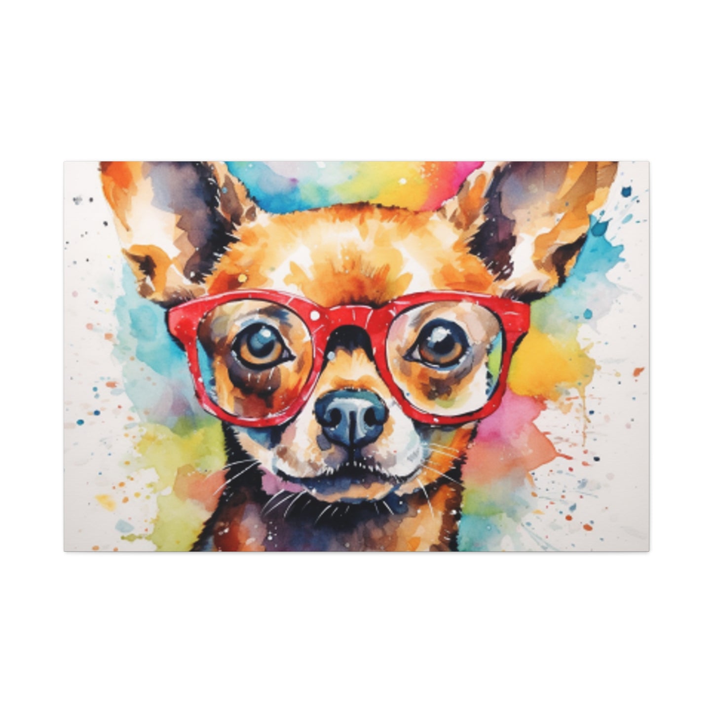 Painting Of A Brown Chihuahua In Glasses, Multi Colored Water Paint Background - Large Wall Art