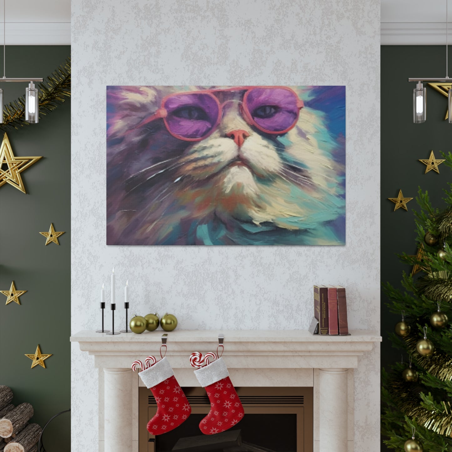 Pastel Furball Cat In Purple Glasses- Large Wall Art