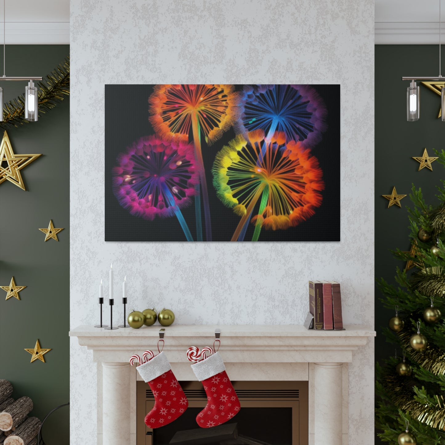 Glowing, Neon, Electric Dandelions - Large Wall Art