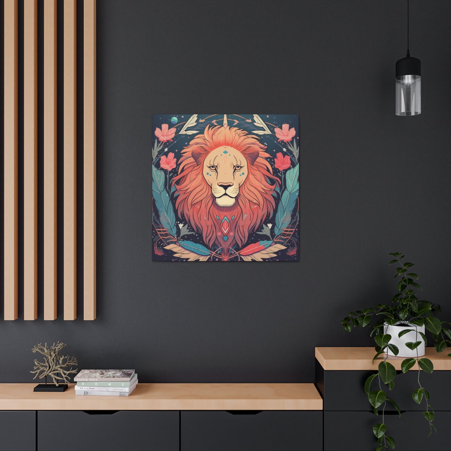 Lofi Style Leo With Flowers And Feathers - Large Wall Art