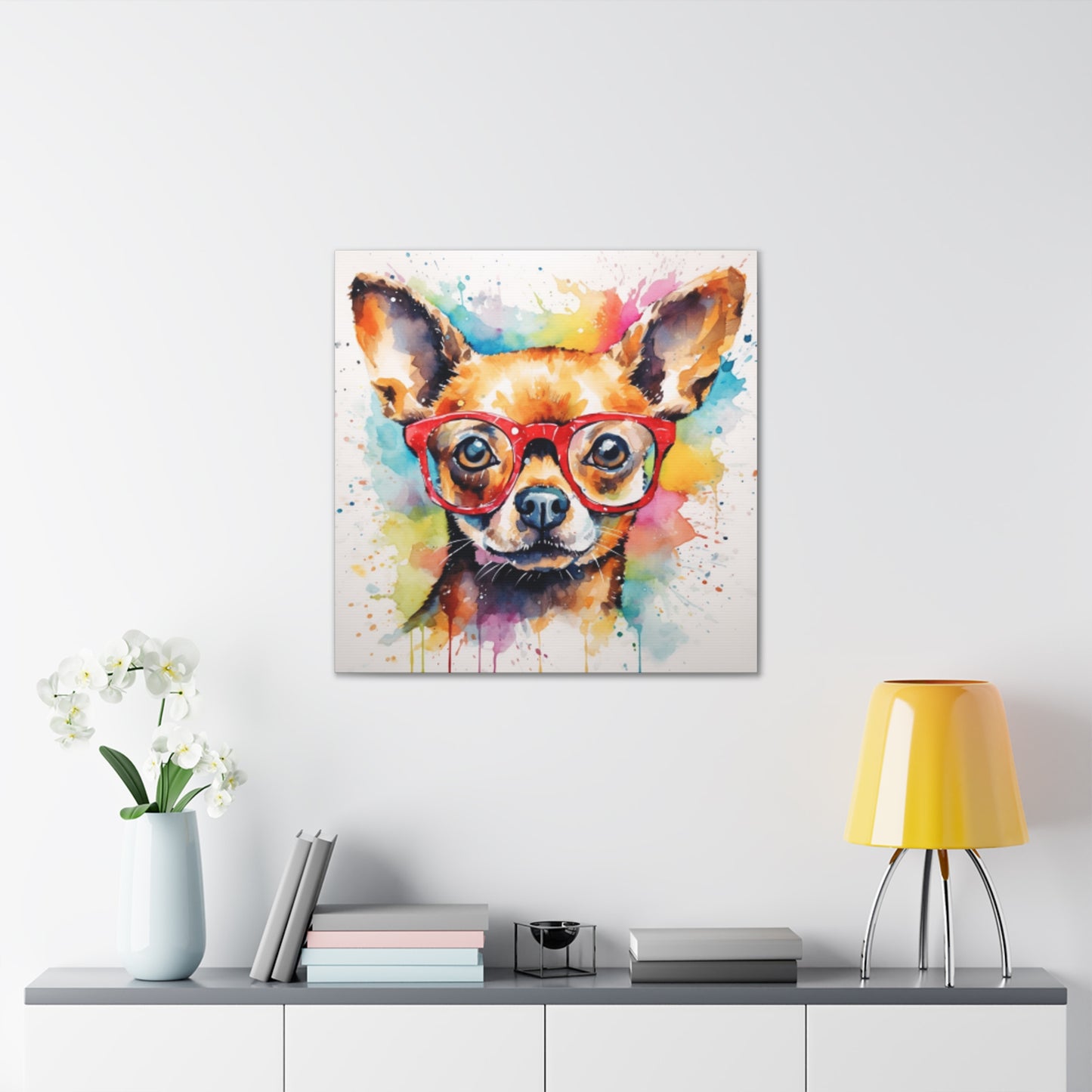 Painting Of A Brown Chihuahua In Glasses, Multi Colored Water Paint Background - Large Wall Art