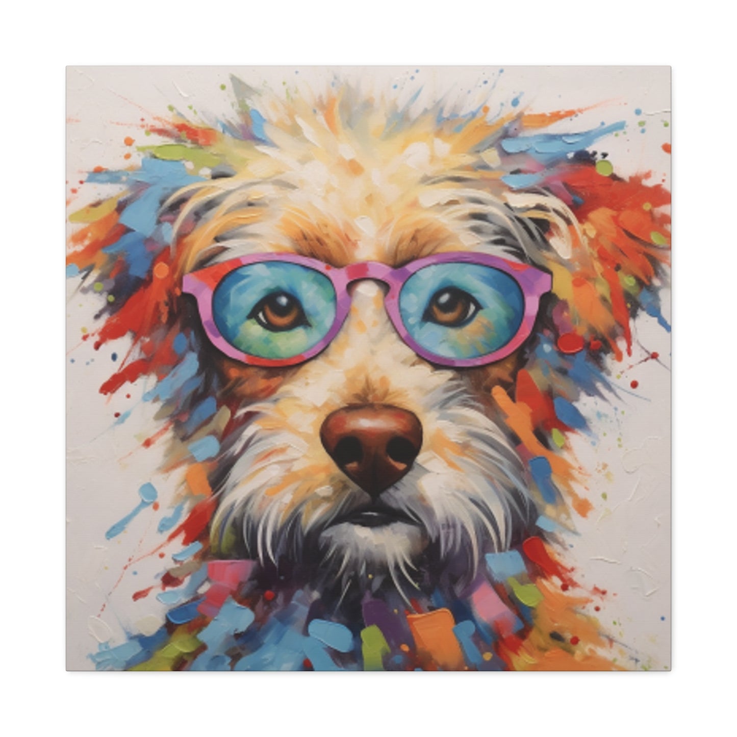 Smart Colorful Dog In Blue And Pink Glasses- Large Wall Art