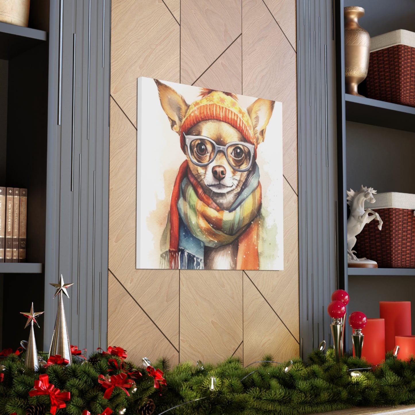 Chihuahua In Orange Beanie, Glasses And Scarf- Large Wall Art