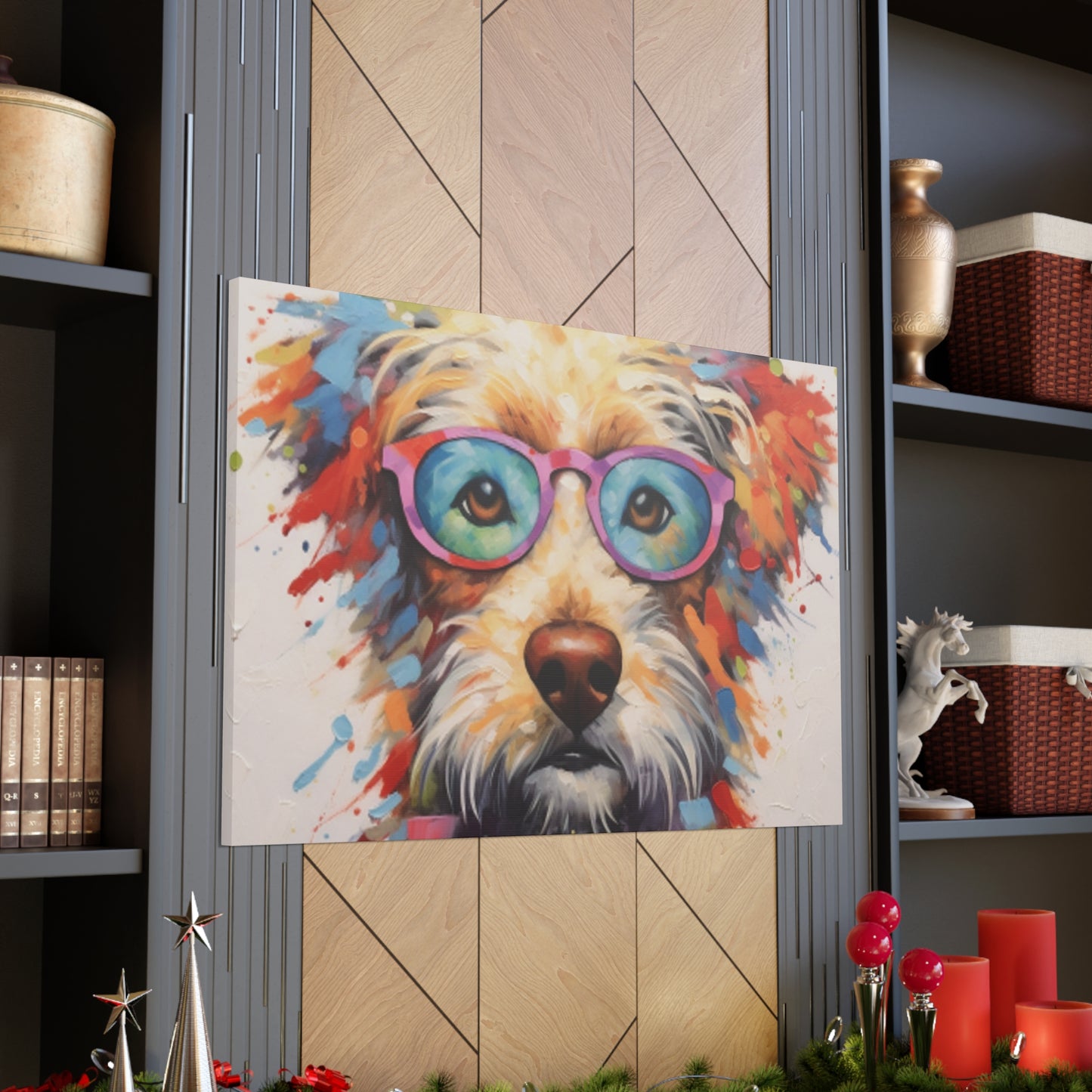 Smart Colorful Dog In Blue And Pink Glasses- Large Wall Art