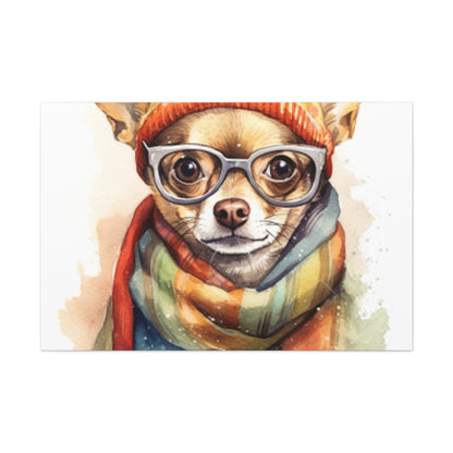 Chihuahua In Orange Beanie, Glasses And Scarf- Large Wall Art