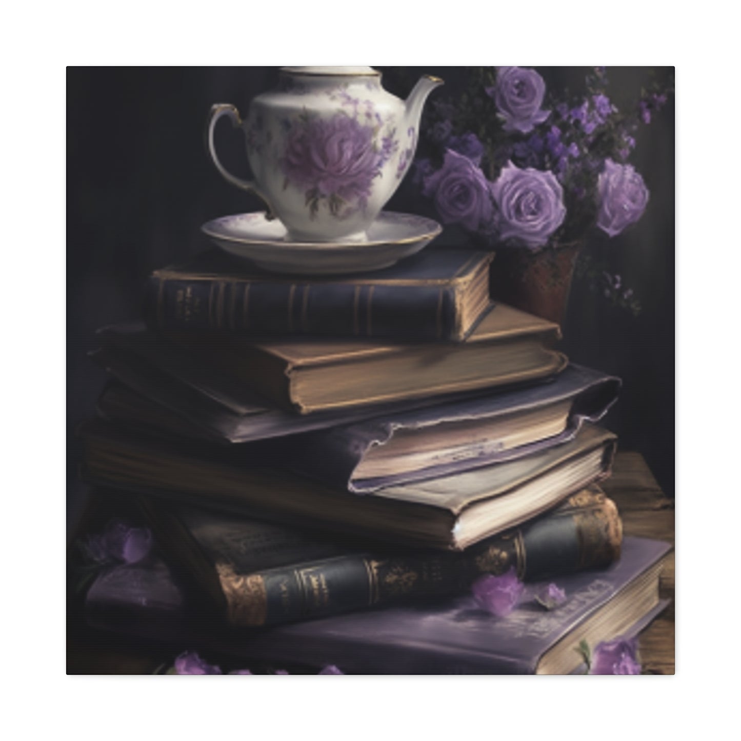 Purple Roses, Teapot And Books - Large Wall Art