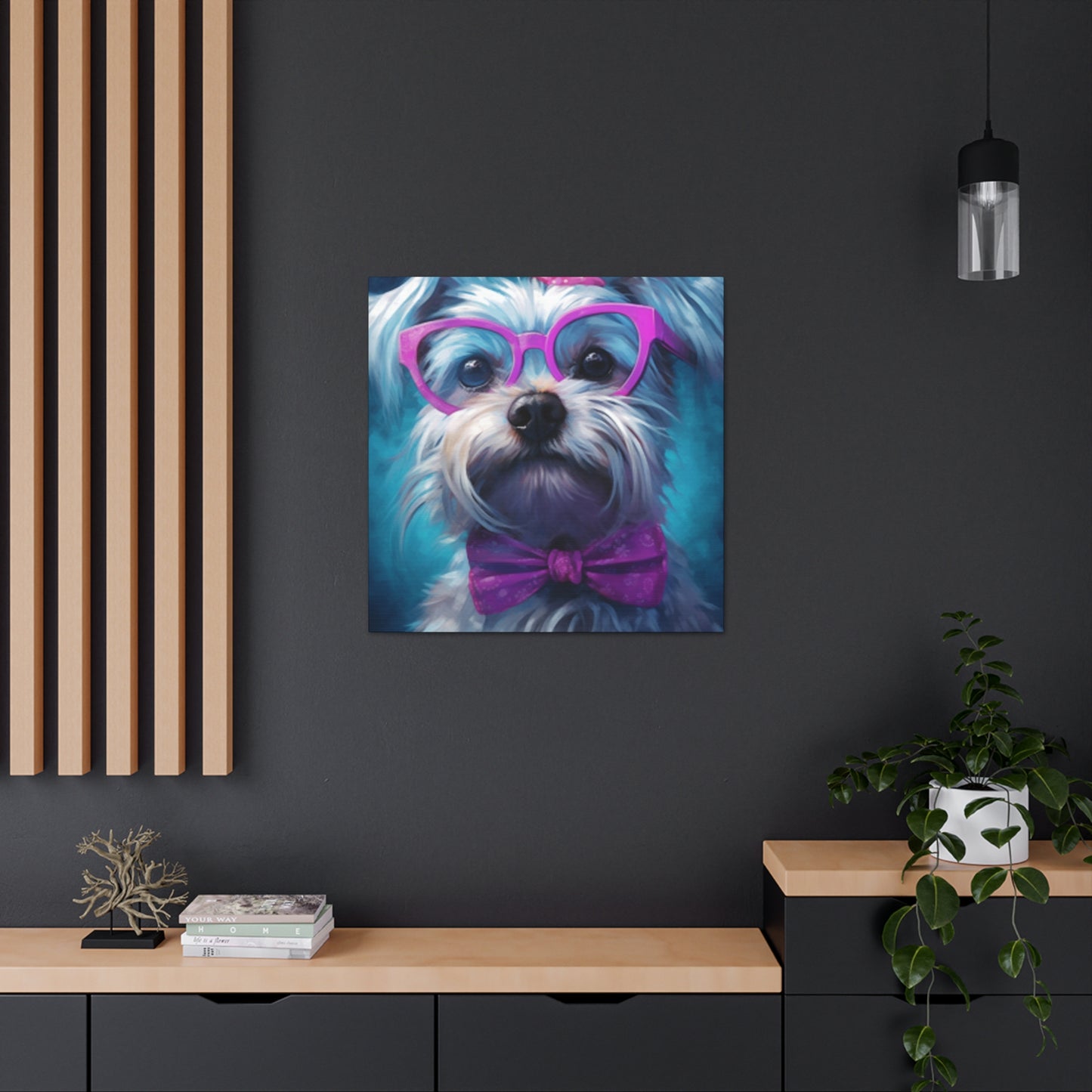 Cute Doggy In Pink Glasses, Bow Tie And Scrunchie - Large Wall Art