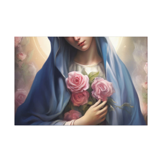 Heavenly Glow Around The Virgin Mary Holding Pink Roses - Large Wall Art