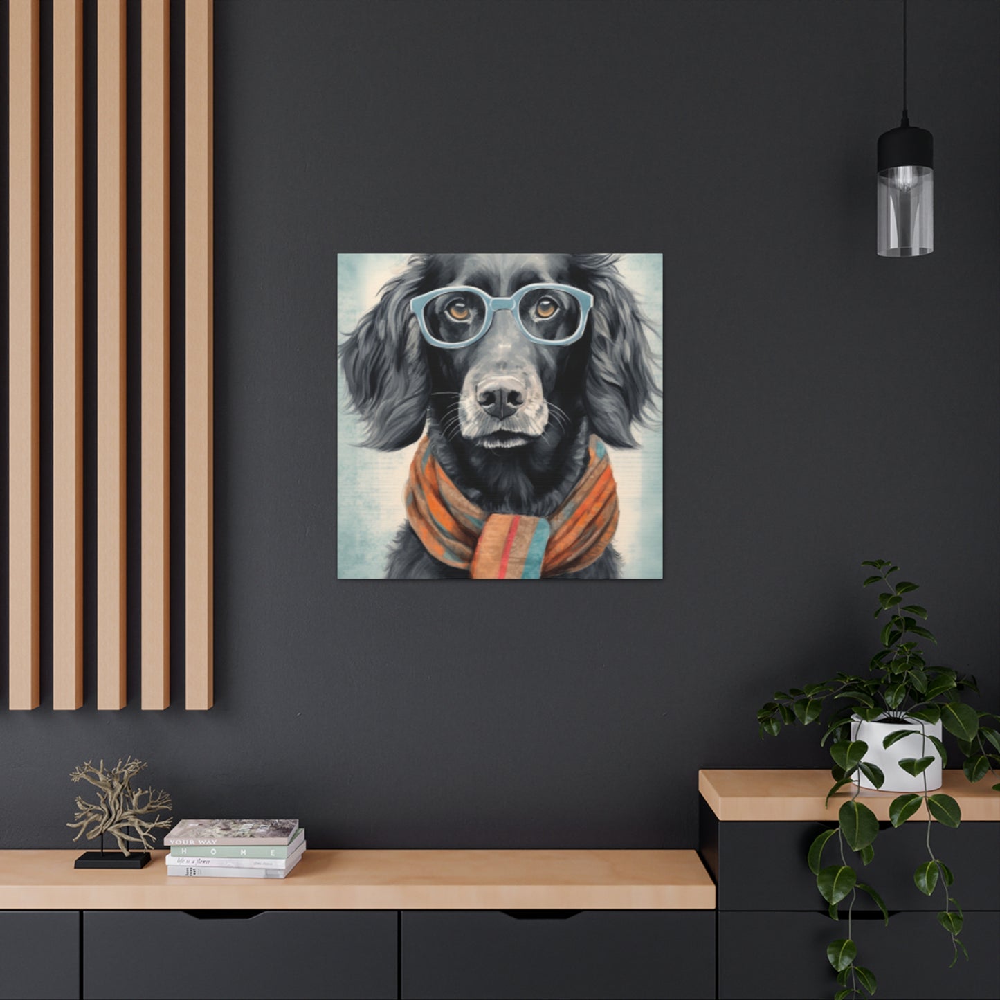 Black Dog In Glasses, Shades Of Blue- Large Wall Art