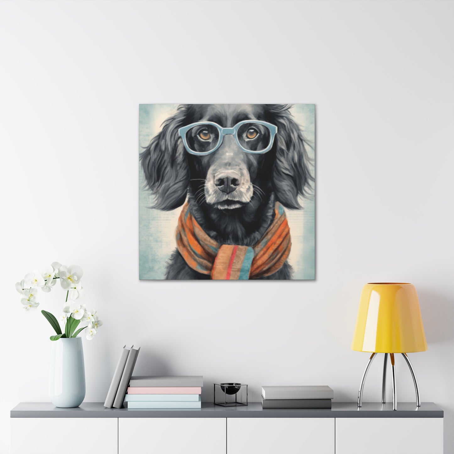 Black Dog In Glasses, Shades Of Blue- Large Wall Art