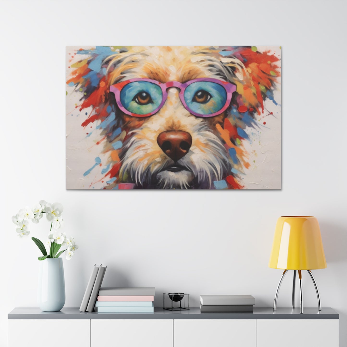 Smart Colorful Dog In Blue And Pink Glasses- Large Wall Art