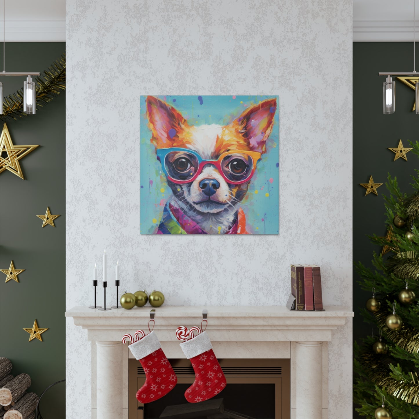 Sweet Chihuahua In Multi Colored Glasses, Paint Drops- Large Wall Art