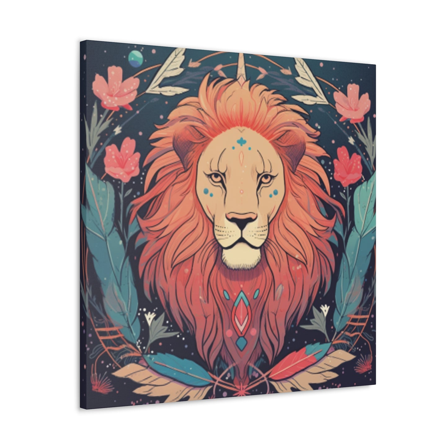 Lofi Style Leo With Flowers And Feathers - Large Wall Art