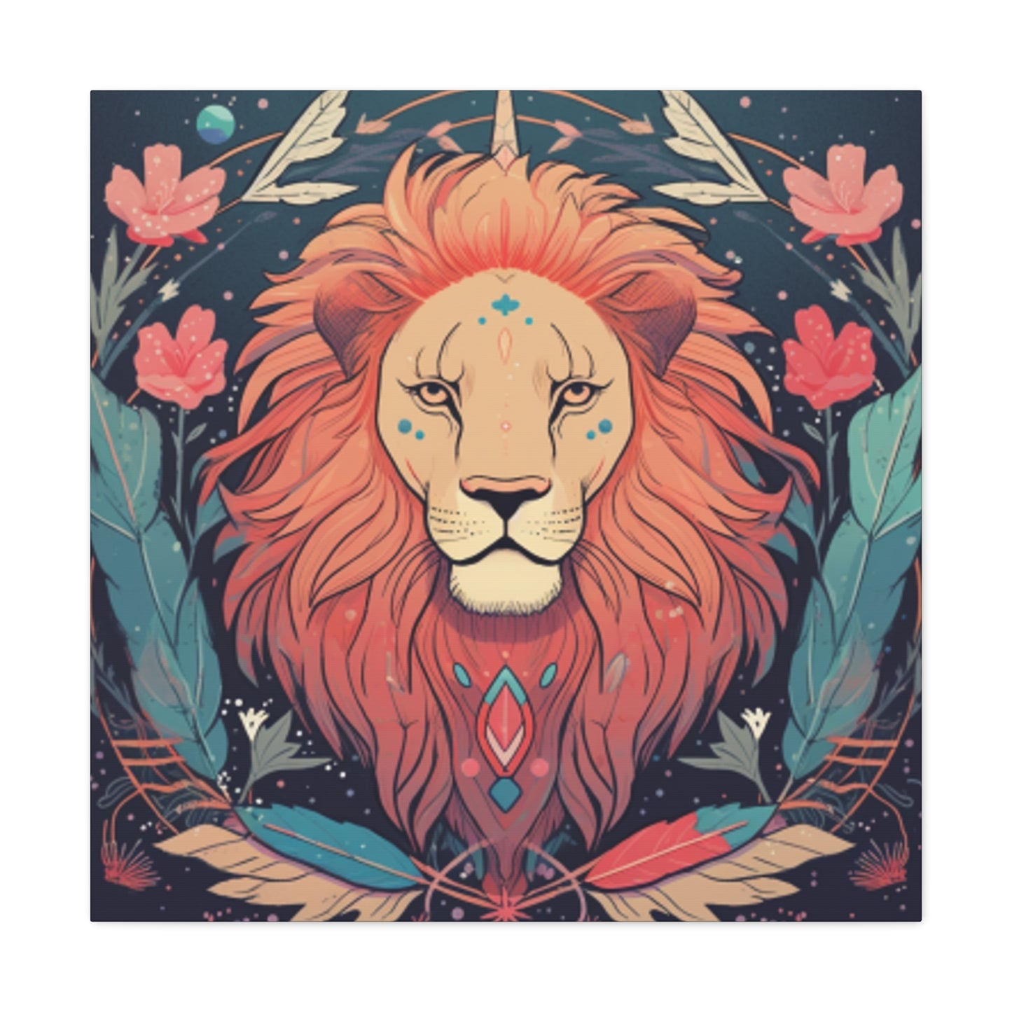 Lofi Style Leo With Flowers And Feathers - Large Wall Art