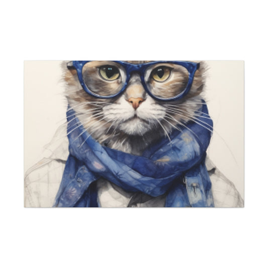 Gray Kitty, Blue Glasses And Scarf - Large Wall Art