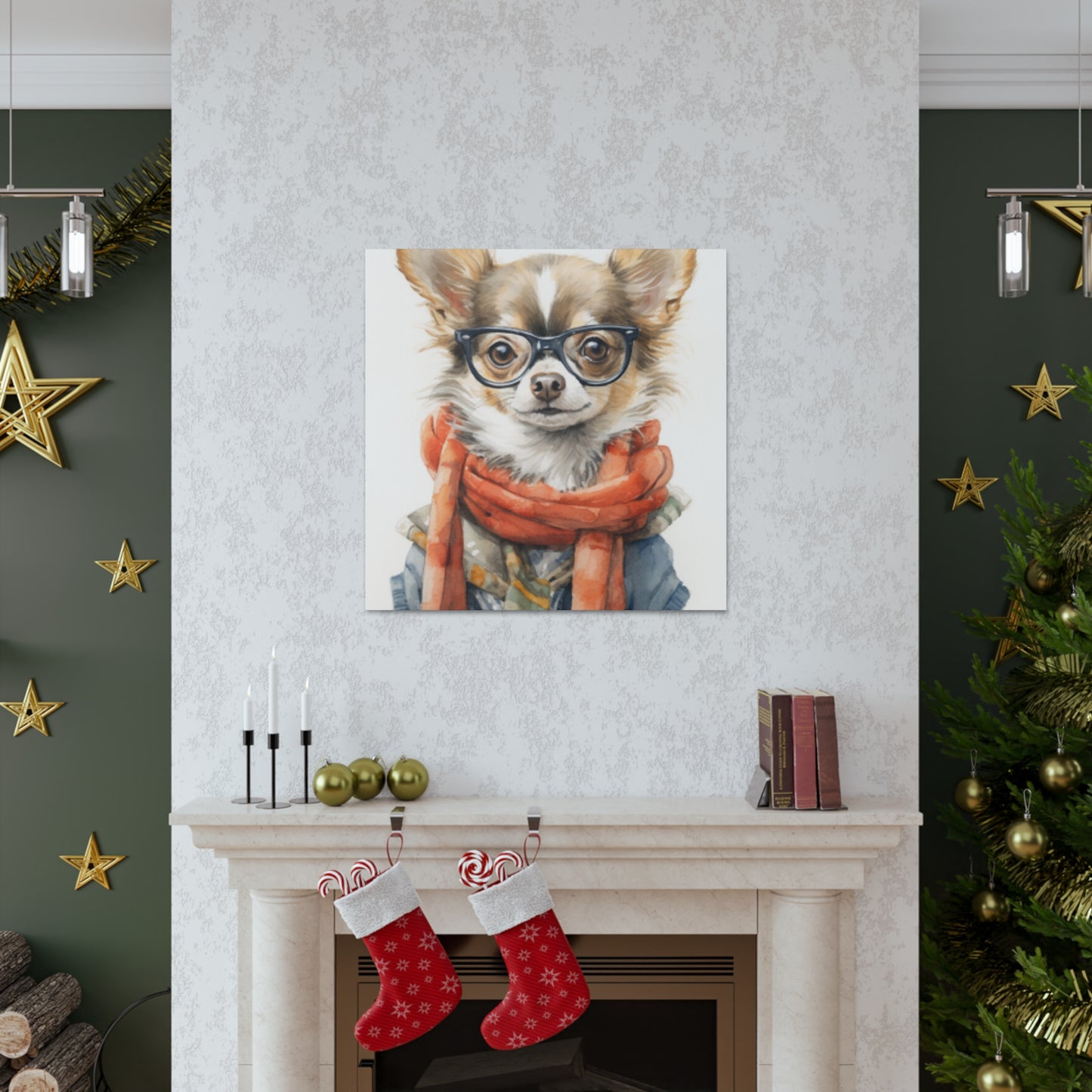 Fluffy Stylish Chihuahua With Glasses, Scarf And Denim - Large Wall Art