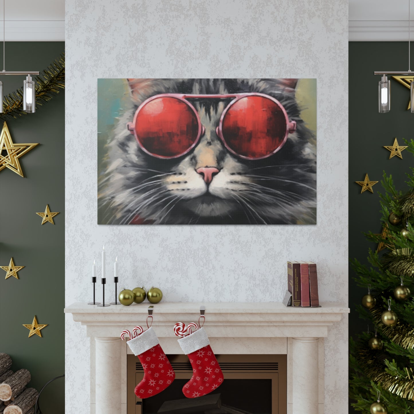 Red Shades On Fluffy Tabby Cat - Large Wall Art