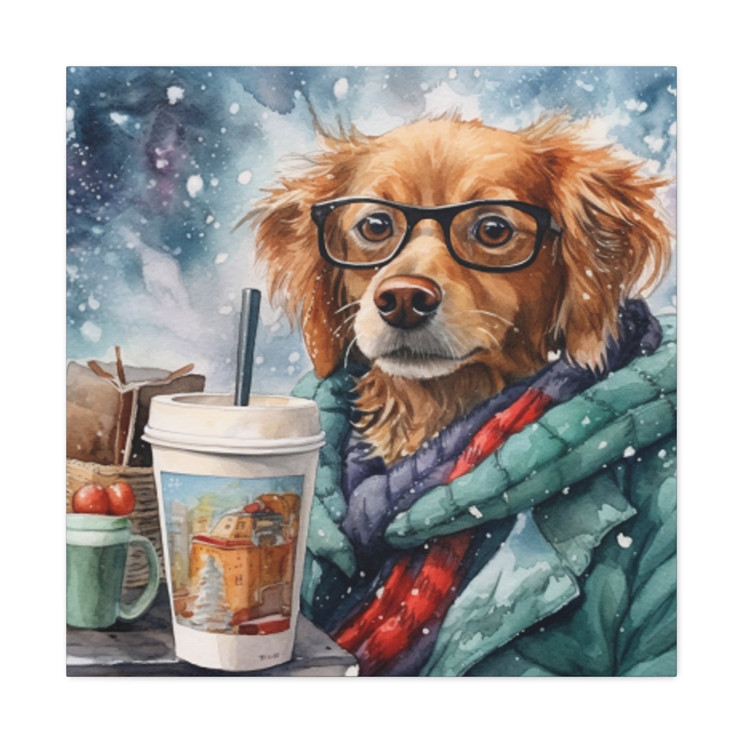 Dog In Glasses Taking A Lunch Break In The Snow- Large Wall Art