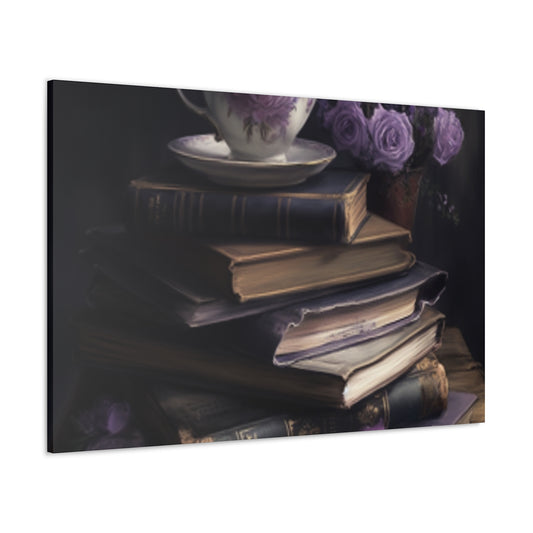 Purple Roses, Teapot And Books - Large Wall Art