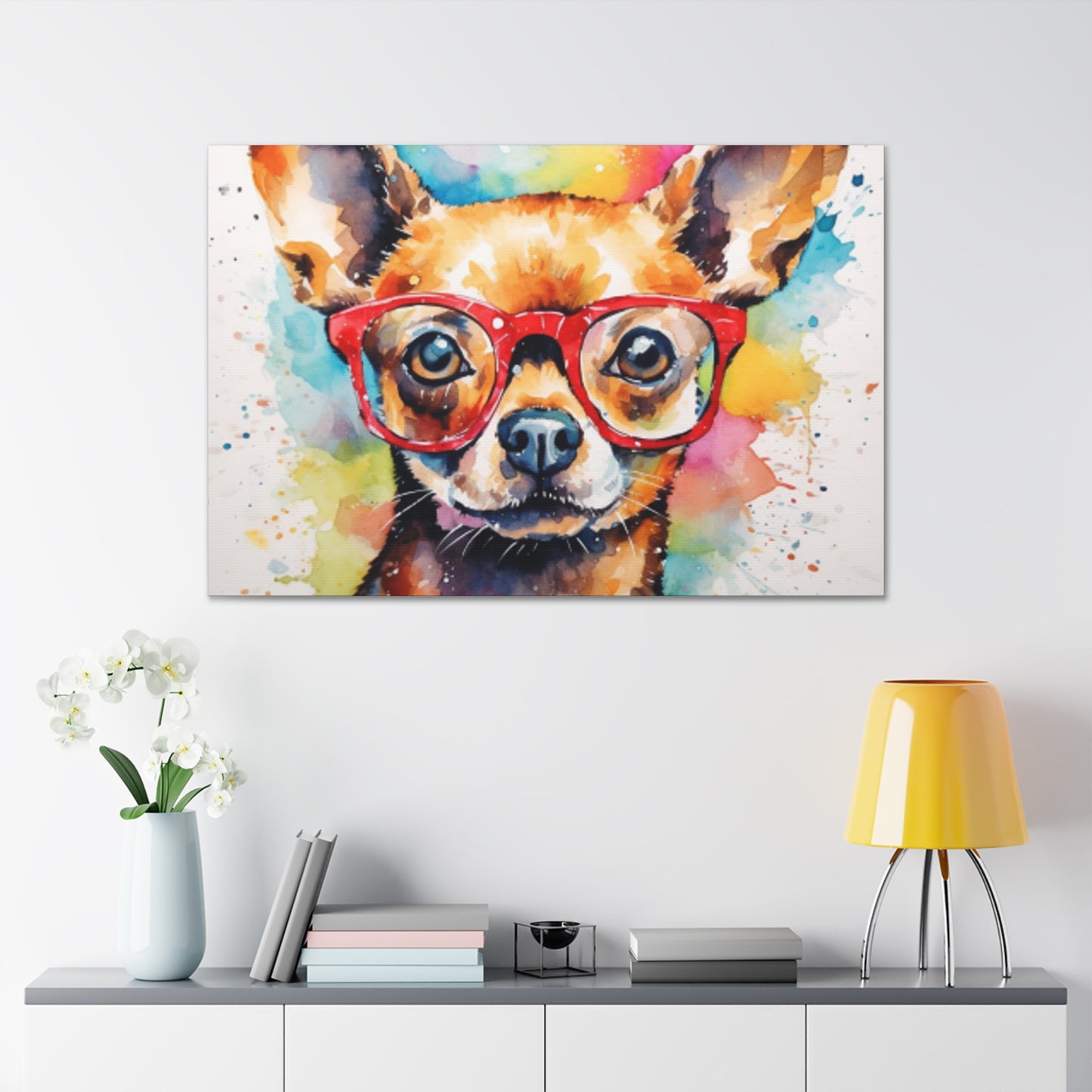 Painting Of A Brown Chihuahua In Glasses, Multi Colored Water Paint Background - Large Wall Art