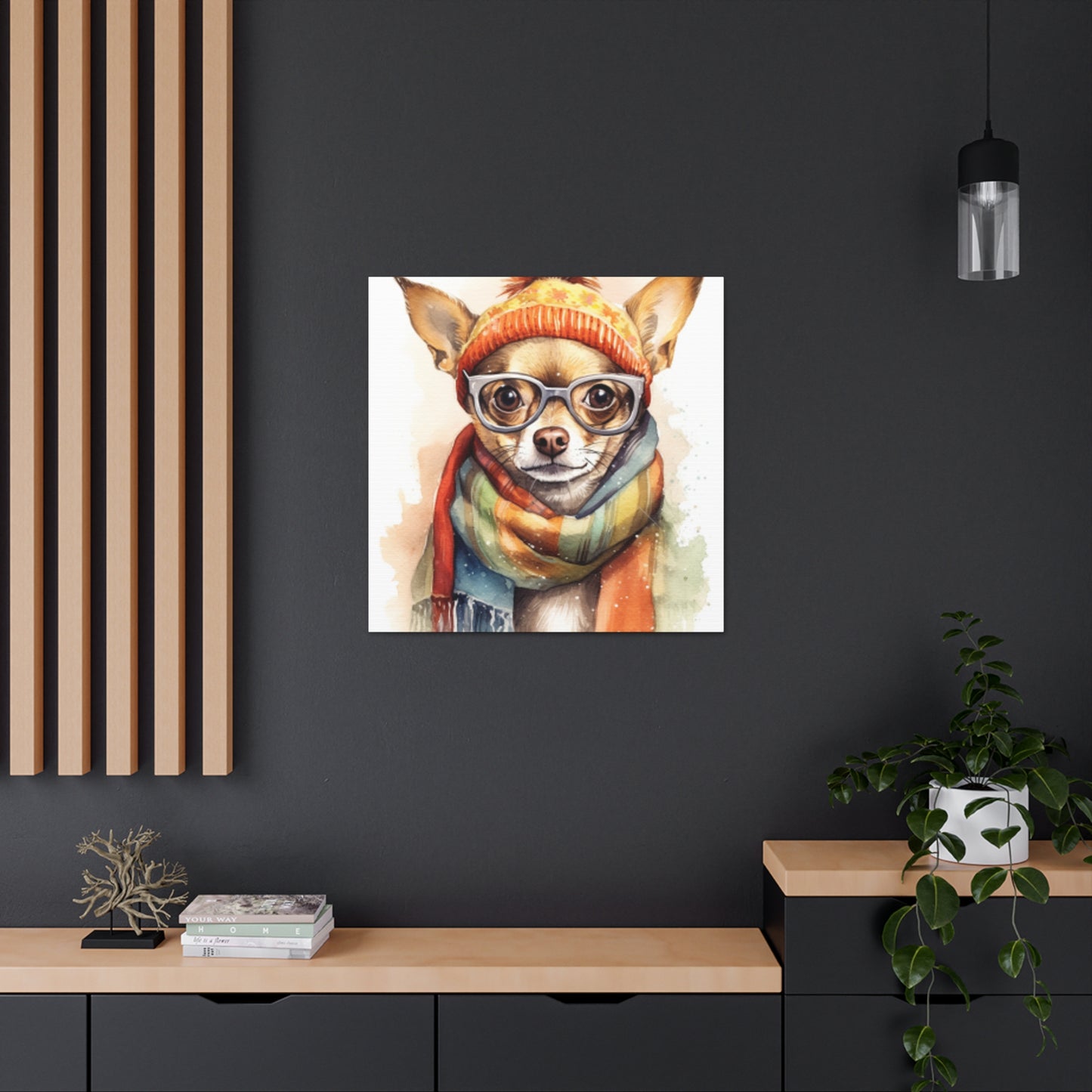 Chihuahua In Orange Beanie, Glasses And Scarf- Large Wall Art