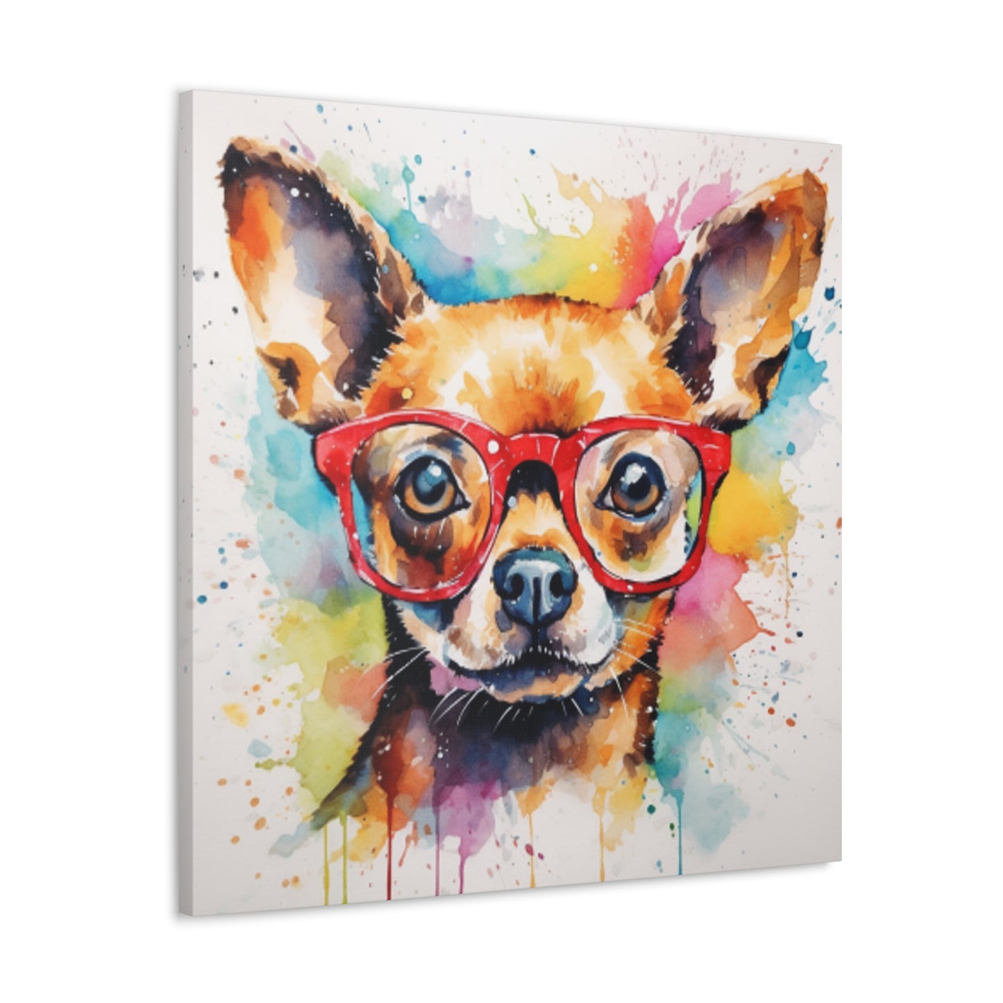 Painting Of A Brown Chihuahua In Glasses, Multi Colored Water Paint Background - Large Wall Art