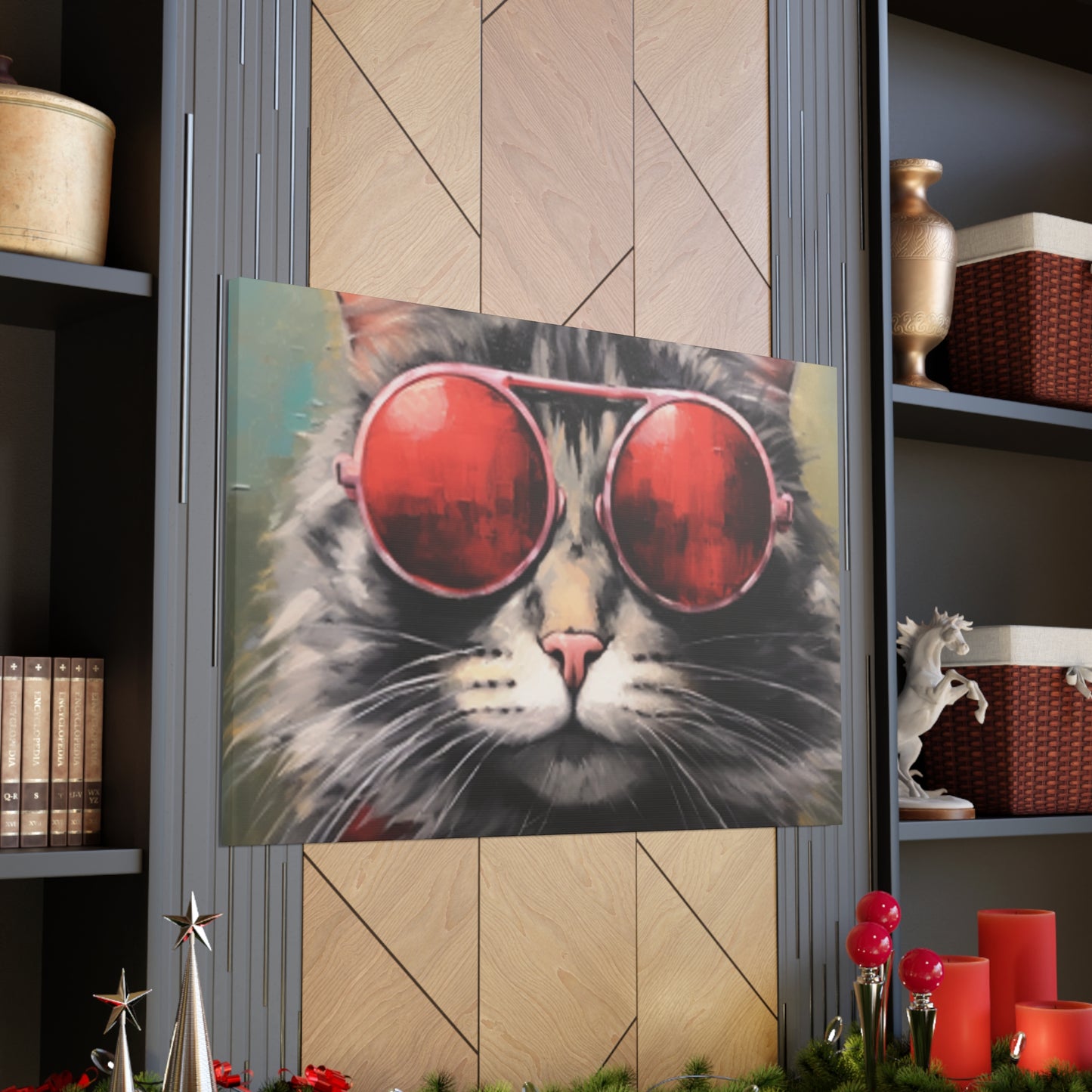 Red Shades On Fluffy Tabby Cat - Large Wall Art