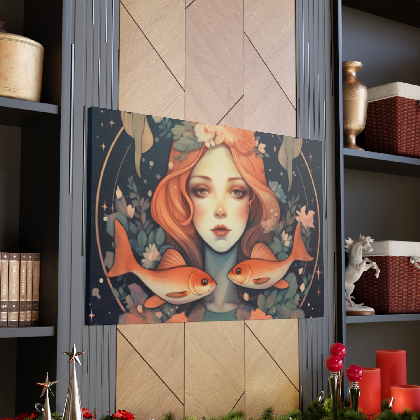Lofi, Peaceful Pisces Fish Girl With Flowers - Large Wall Art