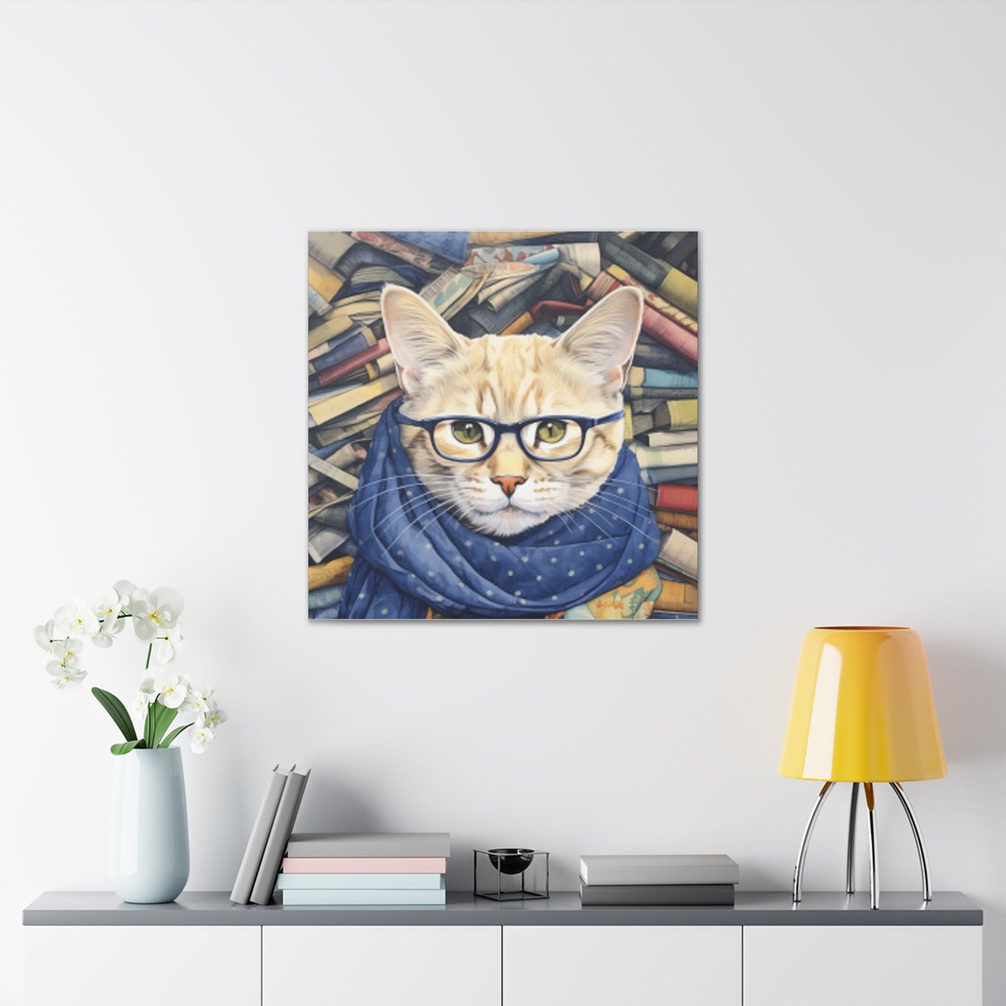 Bookworm Kitty With Glasses And Scarf - Large Wall Art