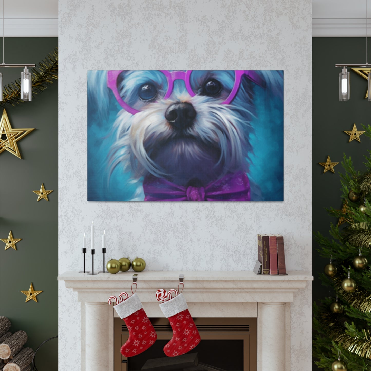 Cute Doggy In Pink Glasses, Bow Tie And Scrunchie - Large Wall Art