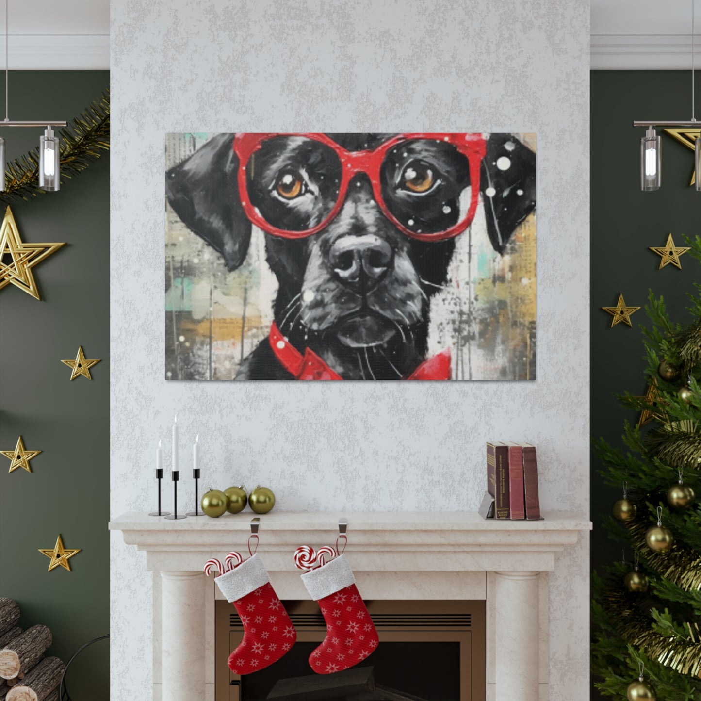 Black Dog, Red Glasses And Red Bow Tie - Large Wall Art