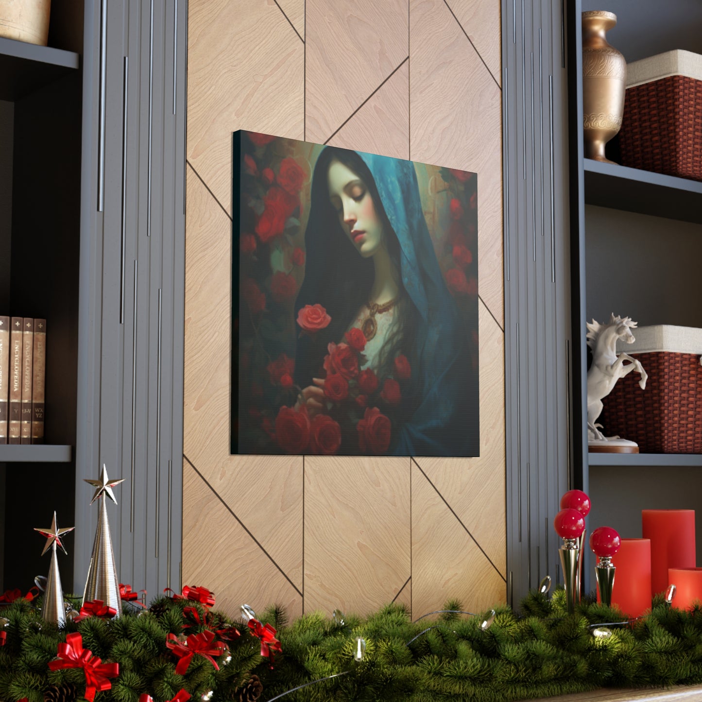 Peaceful Mother Mary And Red Roses- Large Wall Art