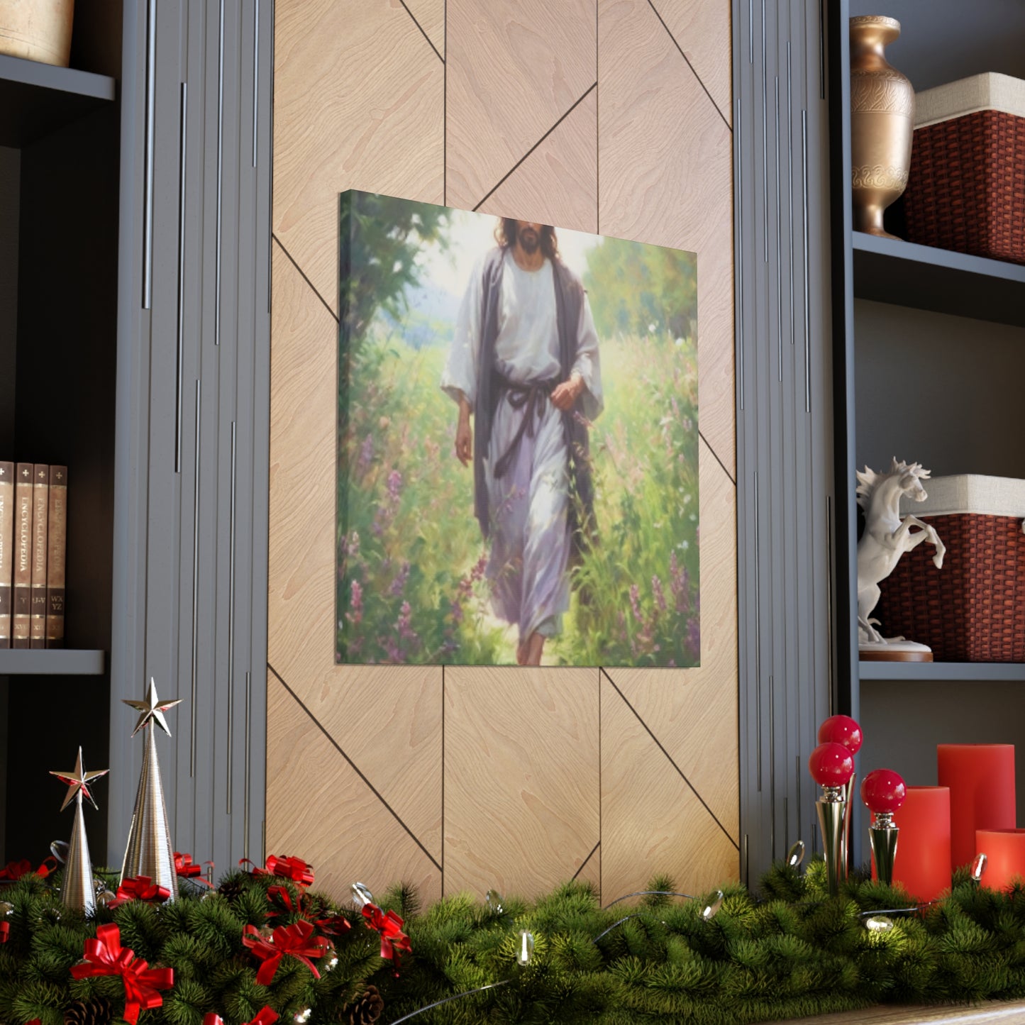 Jesus Taking A Heavenly Walk Through Wildflowers - Large Wall Art