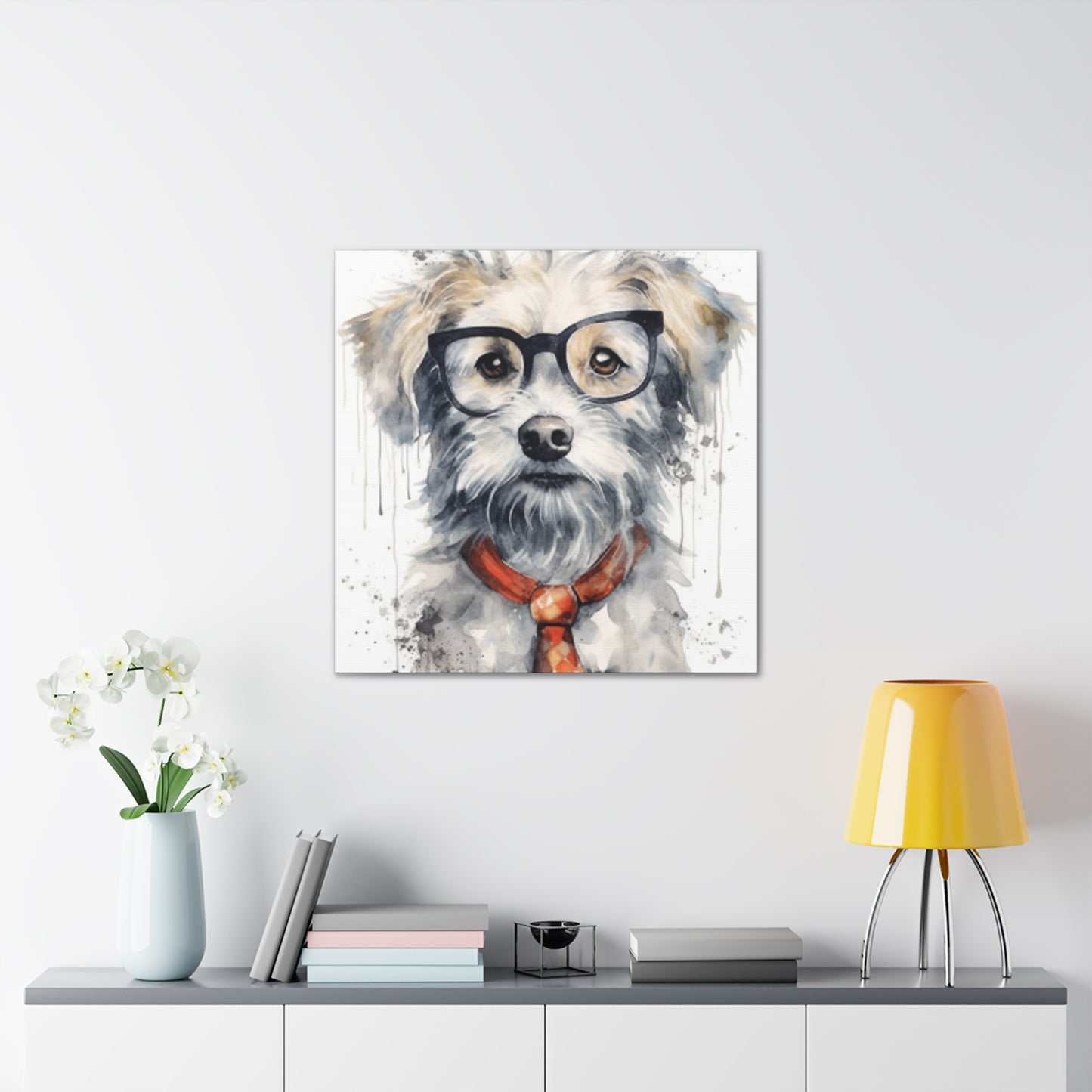 White Dog, Black Glasses, Orange Tie- Large Wall Art