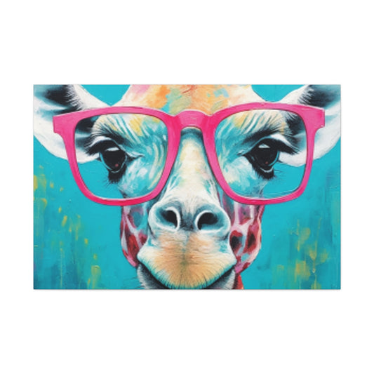 Happy Giraffe In Big Pink Glasses With Bright Blue Background - Large Wall Art