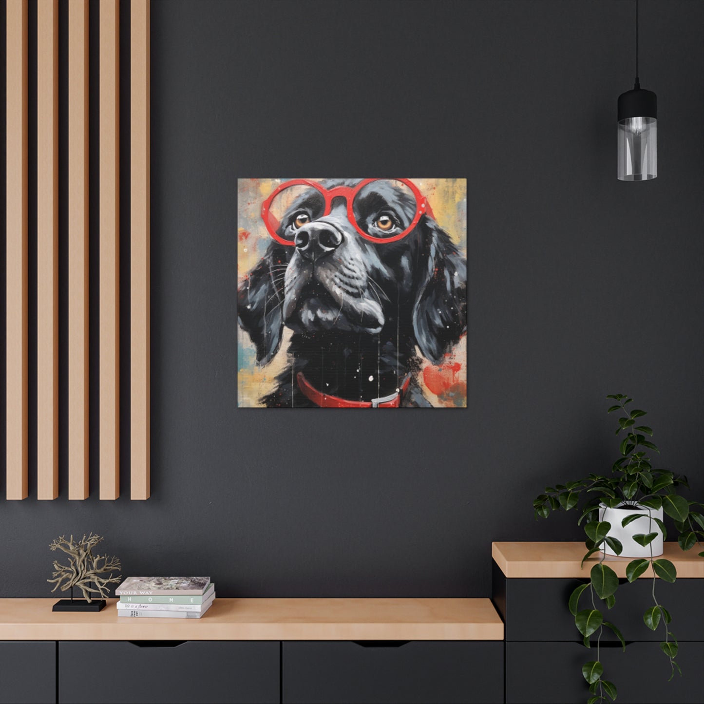 Black Dog In Red Glasses And Red Collar  - Large Wall Art