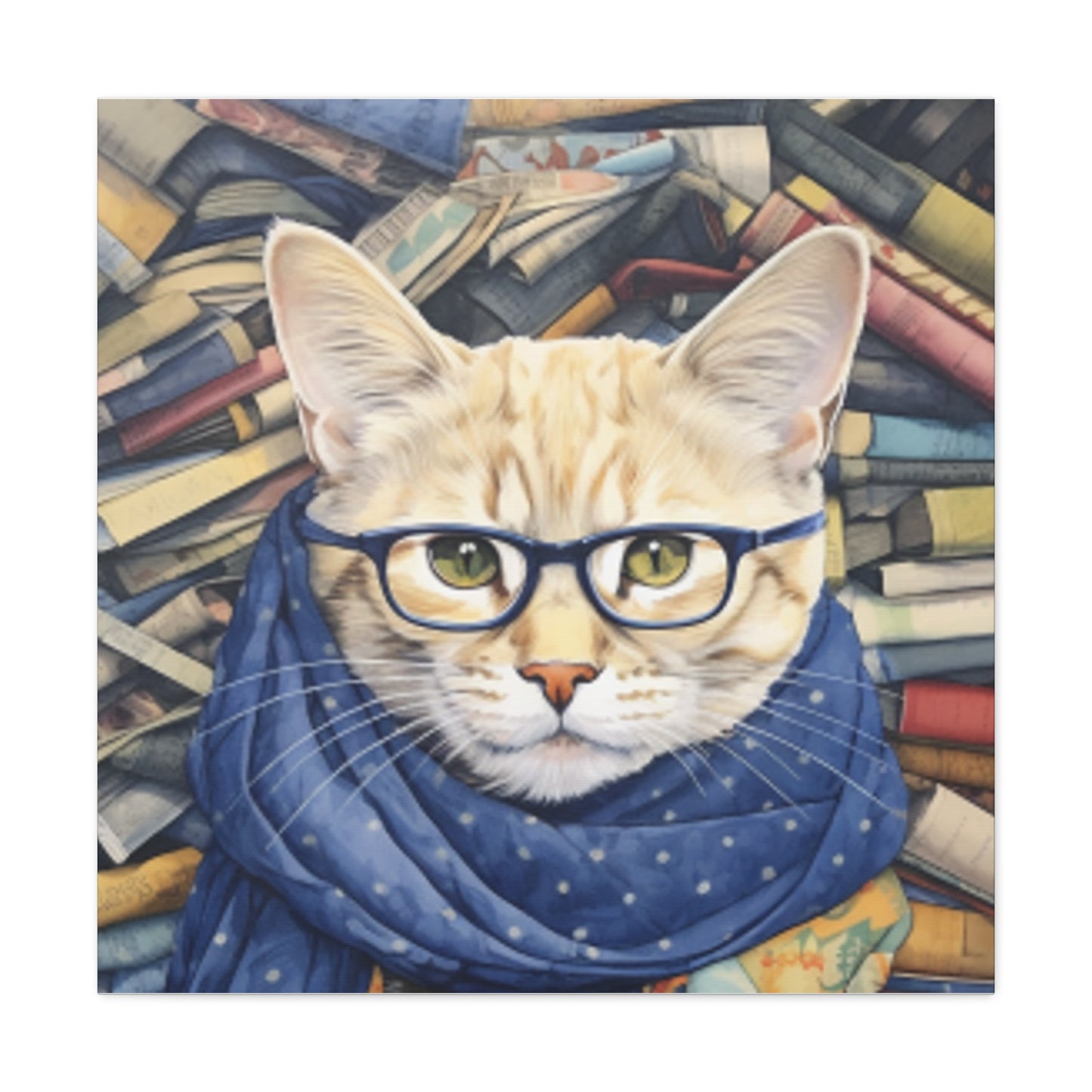 Bookworm Kitty With Glasses And Scarf - Large Wall Art