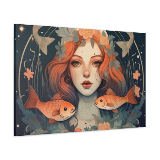 Astrology, Lofi, Peaceful Pisces Girl And Fish - Large Wall Art