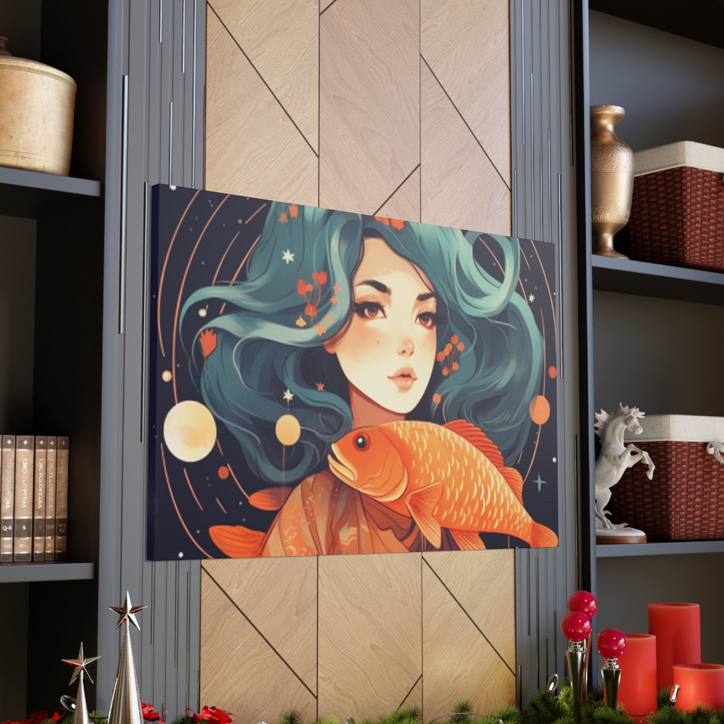 Lofi Style Girl And Her Fish, Pisces - Large Wall Art