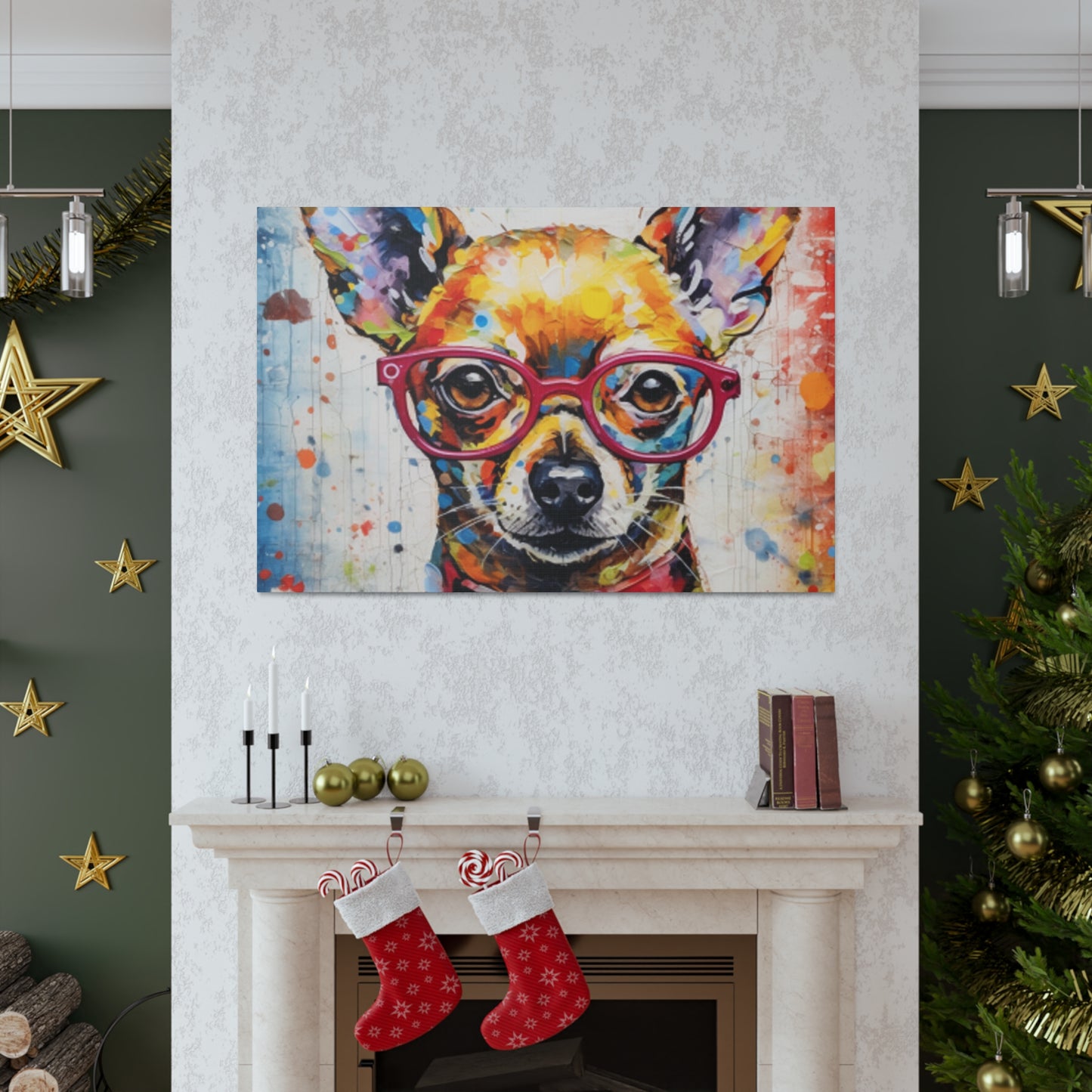 Painting Of A Chihuahua In Red Collar And Glasses With Multi Color Paint Spots - Large Wall Art
