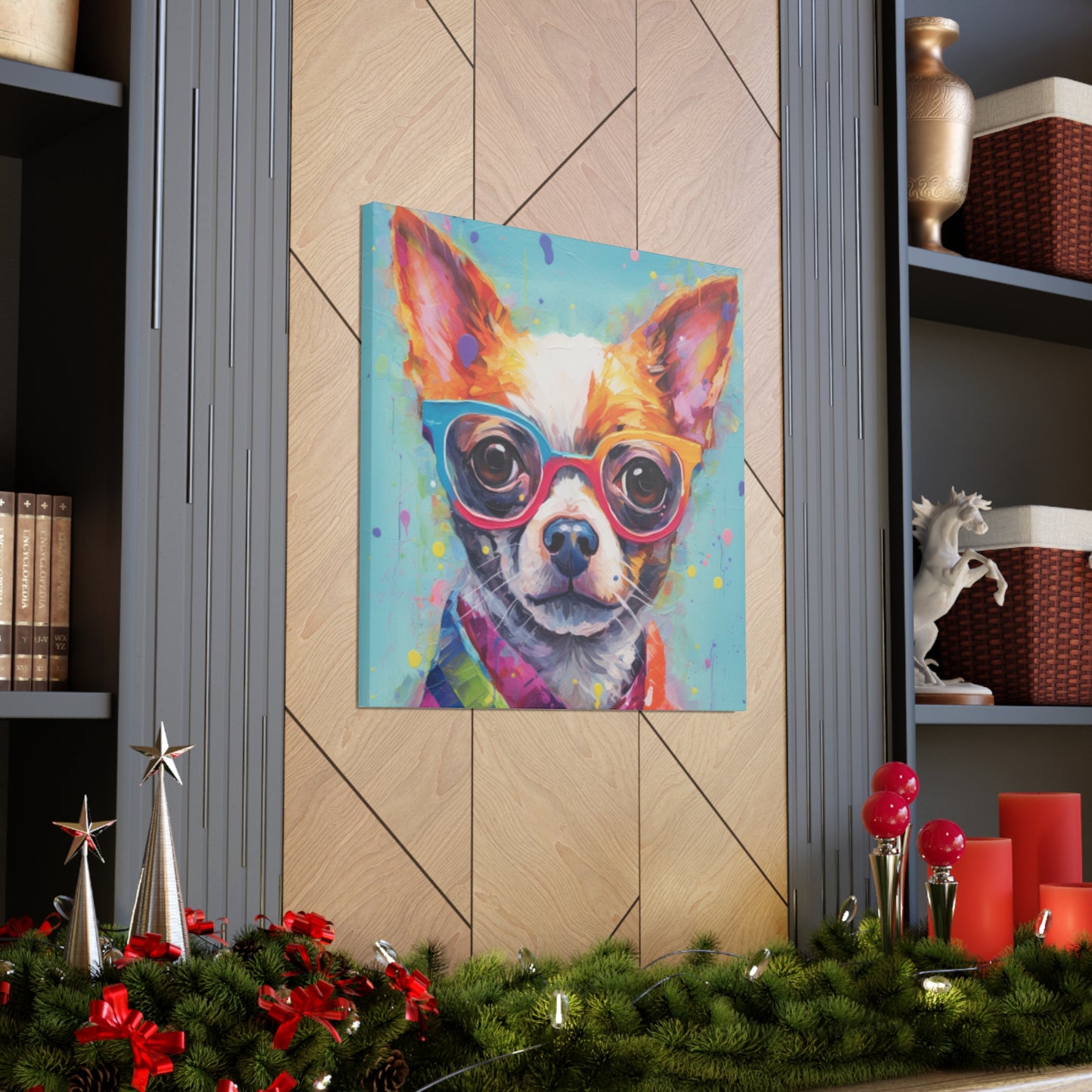 Sweet Chihuahua In Multi Colored Glasses, Paint Drops- Large Wall Art