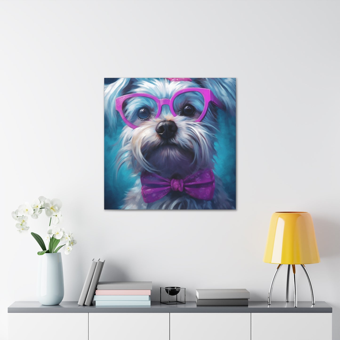 Cute Doggy In Pink Glasses, Bow Tie And Scrunchie - Large Wall Art