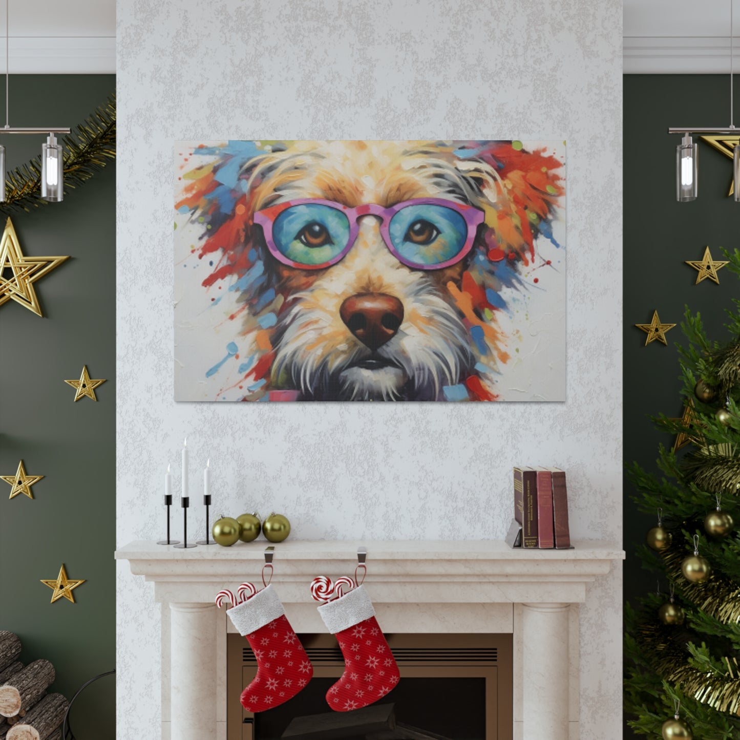 Smart Colorful Dog In Blue And Pink Glasses- Large Wall Art