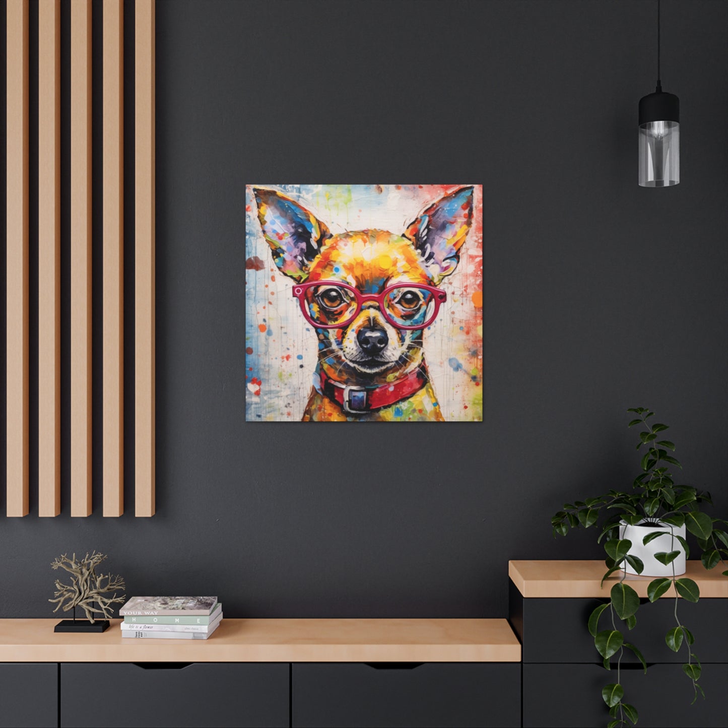 Painting Of A Chihuahua In Red Collar And Glasses With Multi Color Paint Spots - Large Wall Art