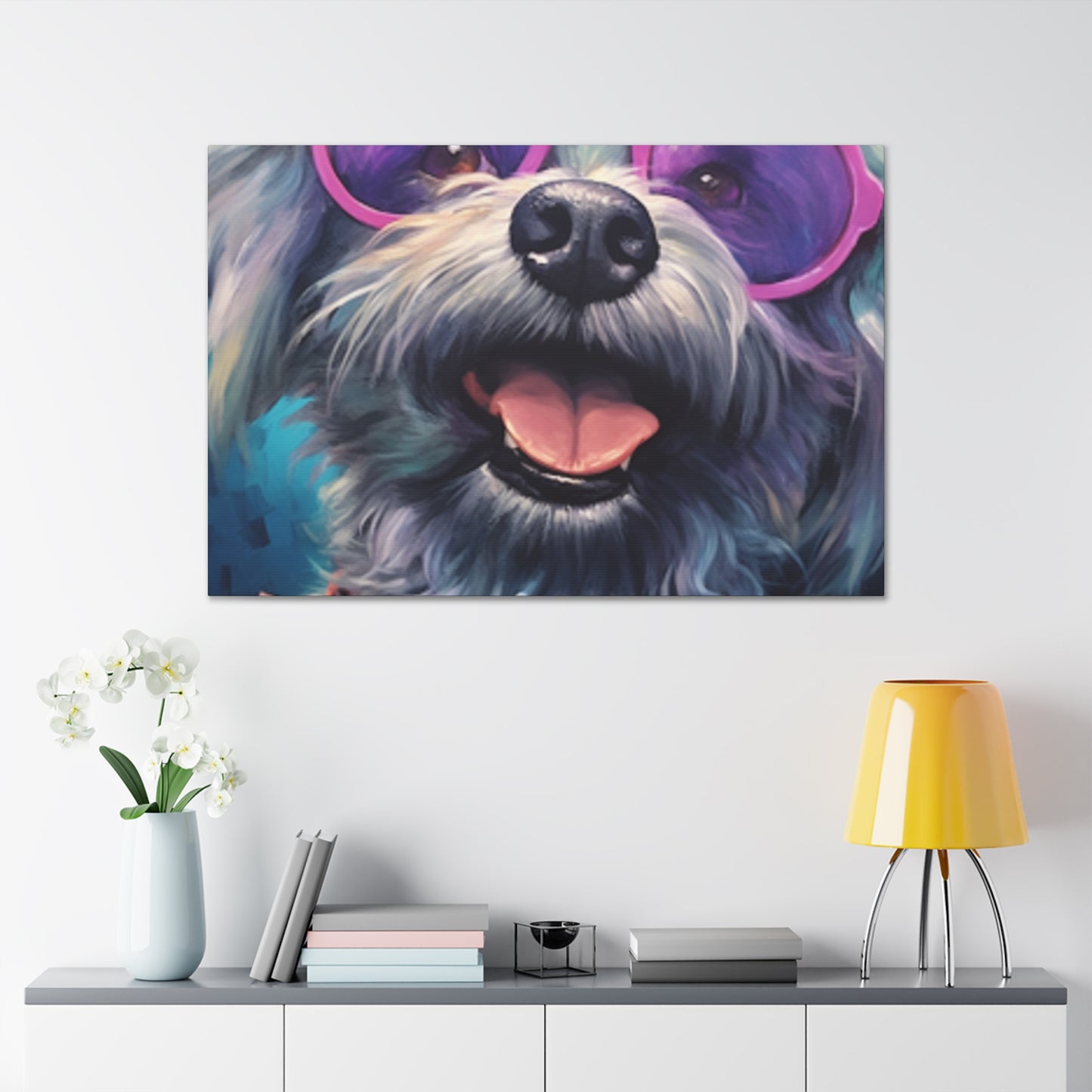 Happy Dog With Big Purple Glasses - Large Wall Art